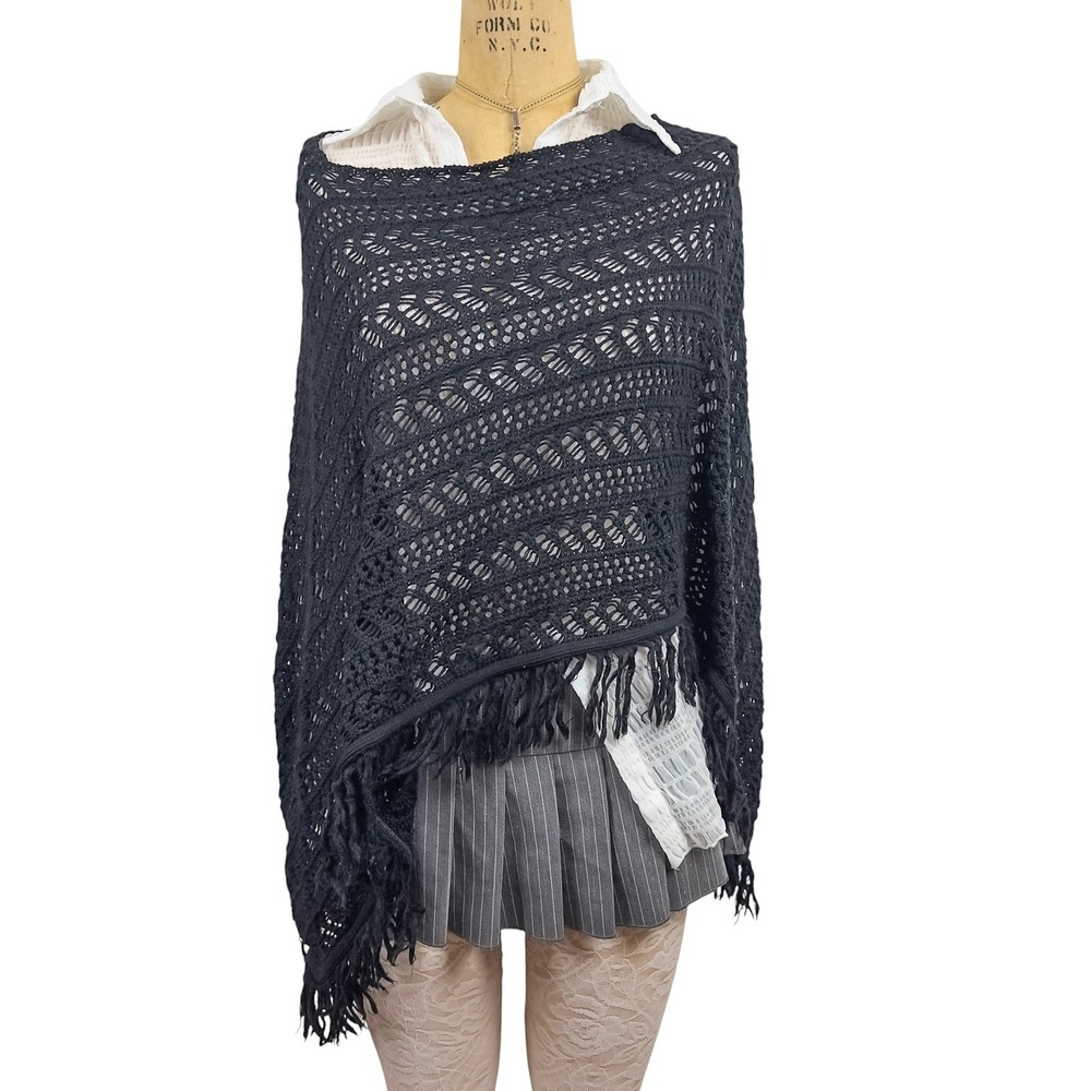 90s Black Open Knit Crochet Poncho Fringe Asymmetrical Whimsigoth Womens Size OS